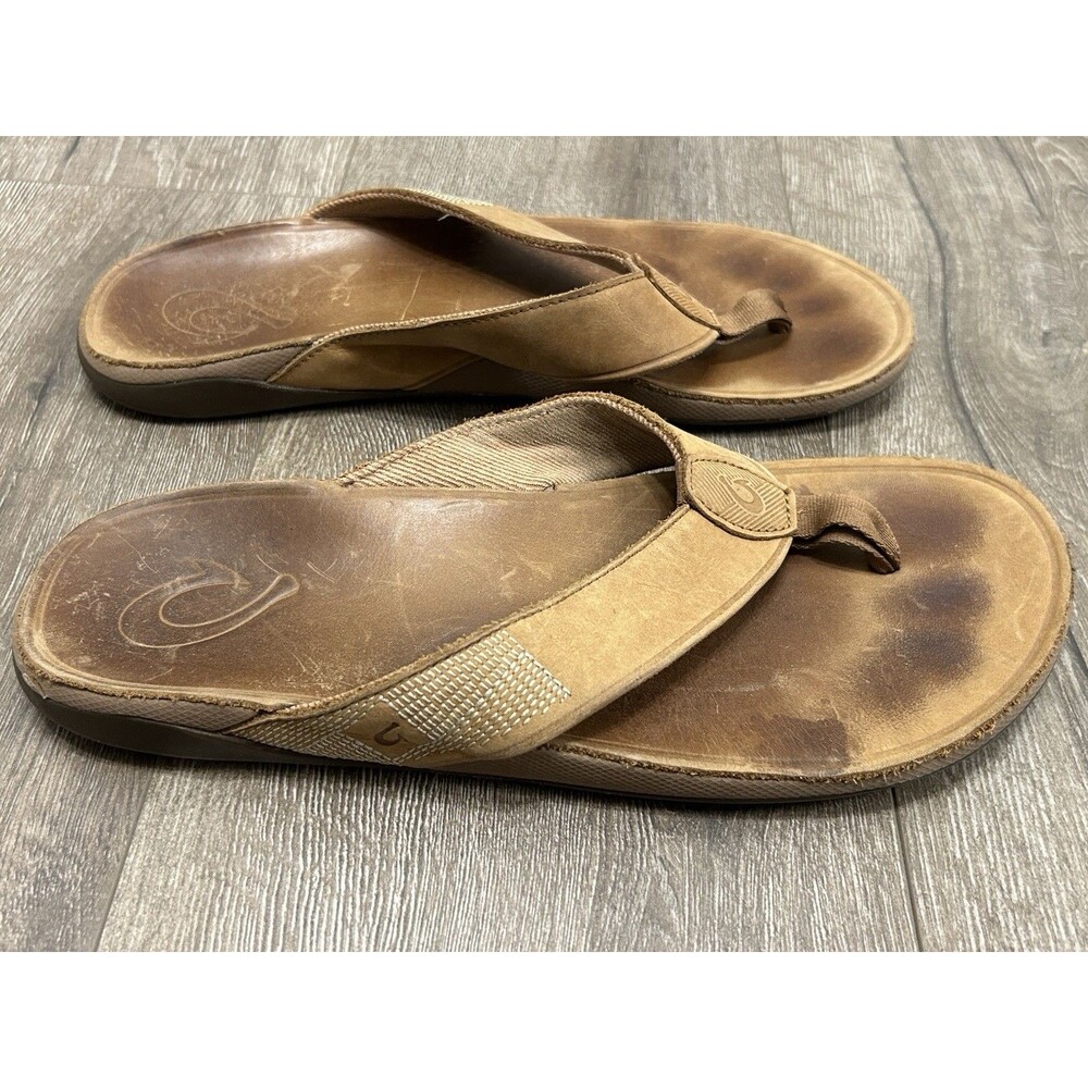 OluKai Tuahine Waterproof Flip Flop Sandals Men's Brown USM11 EU44 Leather